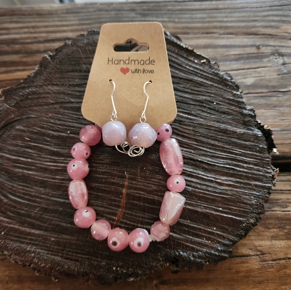 Handmade Pink Beaded Stretch Bracelet And Matching Earring set